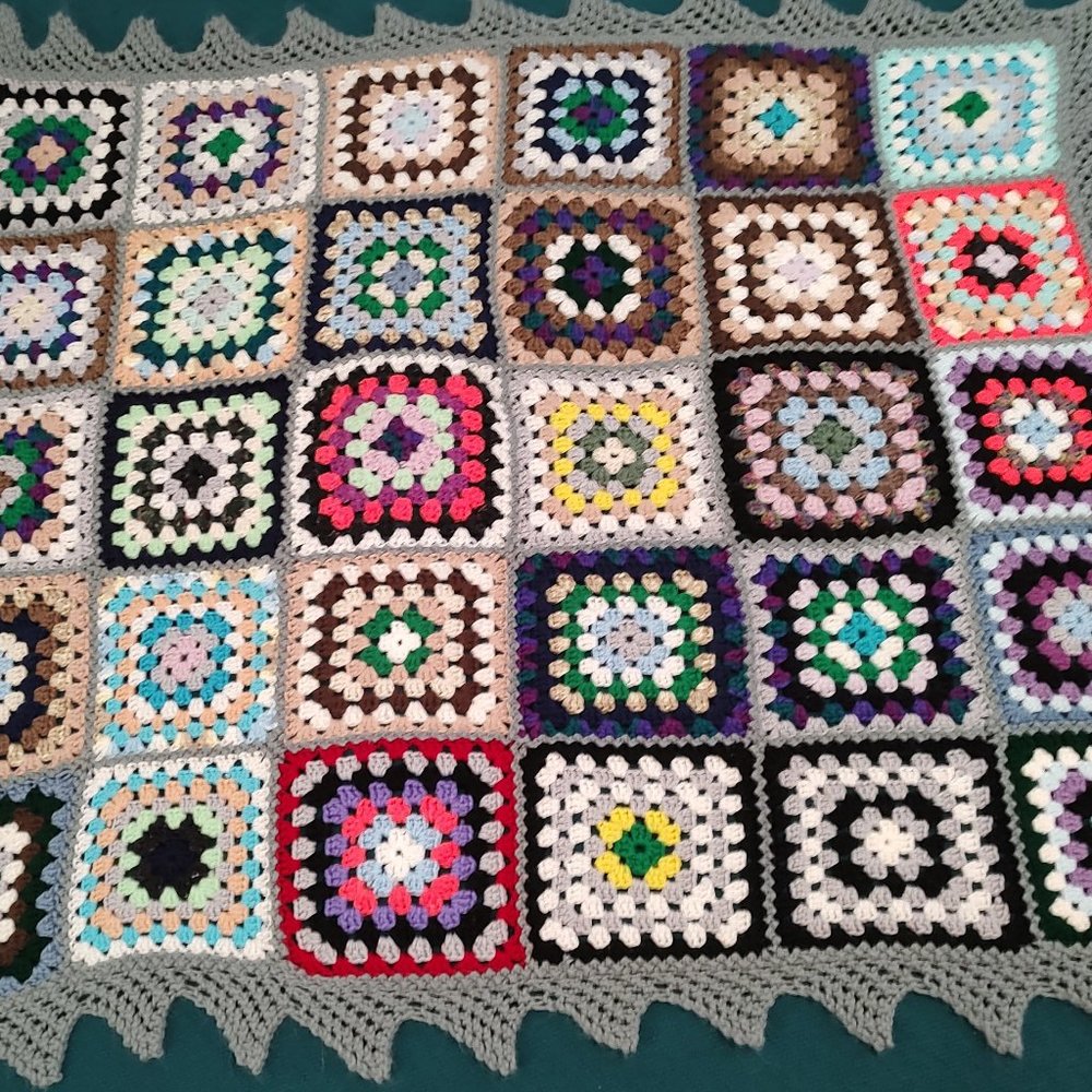 Hand-Crocheted Granny Square Throw Blanket With Handknit Border